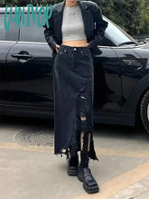 Lunivop Tattered Design Women’s Broken Hole Tassel Blue Mid Length Denim Skirt Summer Street